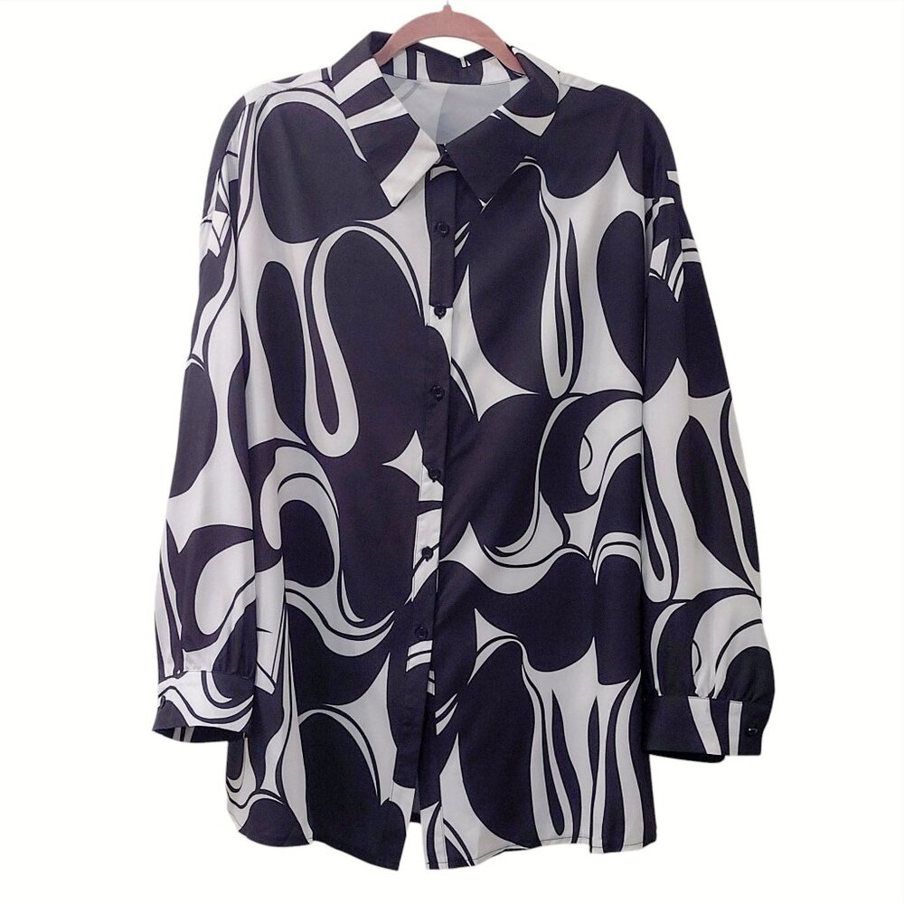 Long Sleeve Button-Down Blouse, Size 2XL, Black and White
